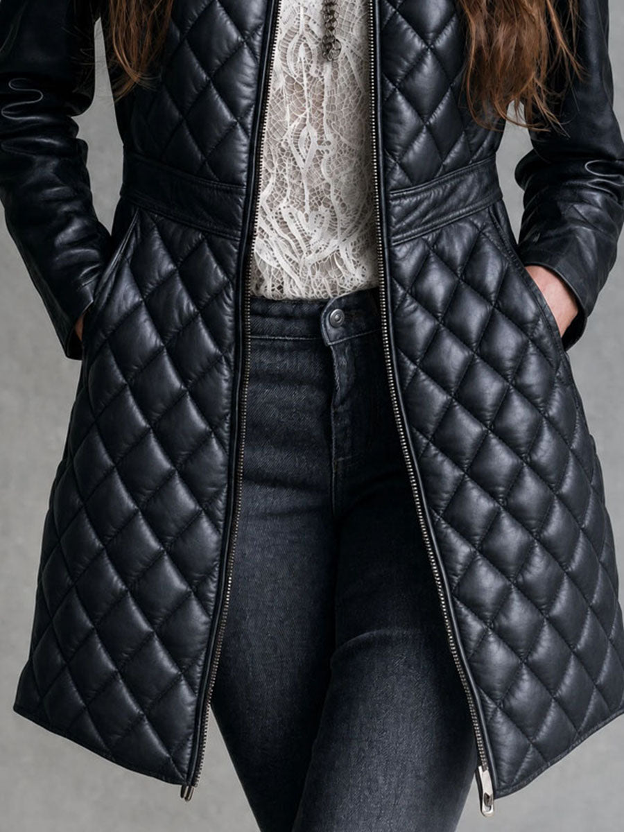 Retro Stand Collar Diamond Quilted Faux Leather Mid Coat