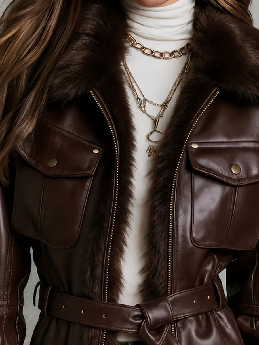 Chocolate Brown Fur Collar Leather Moto Jacket With Belted Waist & Pocketed