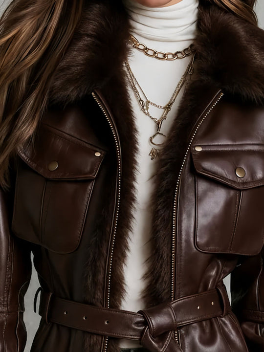 Chocolate Brown Fur Collar Leather Moto Jacket With Belted Waist & Pocketed