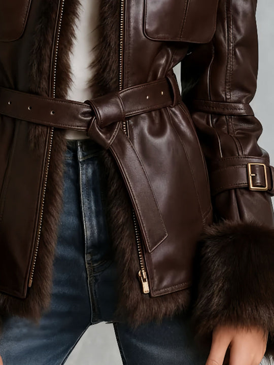 Chocolate Brown Fur Collar Leather Moto Jacket With Belted Waist & Pocketed