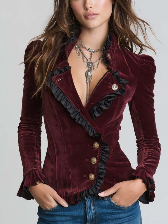 Vintage Contrasting Ruffle Trim Polyester Velvet Blazer