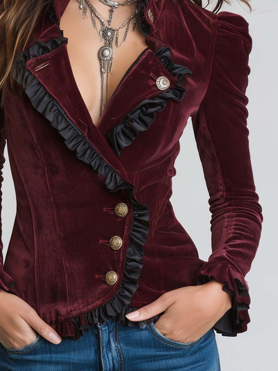 Vintage Contrasting Ruffle Trim Polyester Velvet Blazer