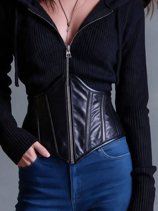 Gothic Full Zip PU Leather Corset Waist Ribbed Hoodie
