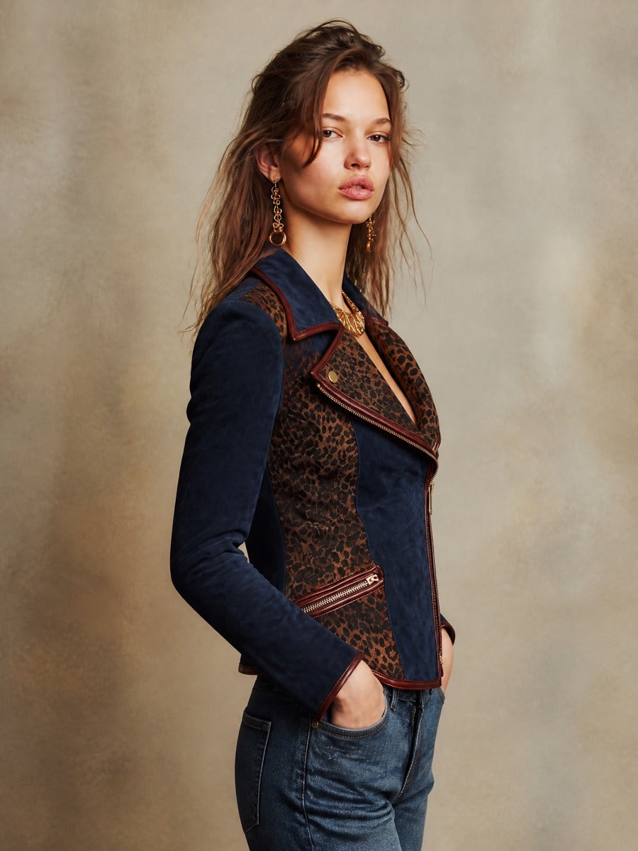 Vintage Suede Leopard-Print Panel Moto Jacket with Leather Trim