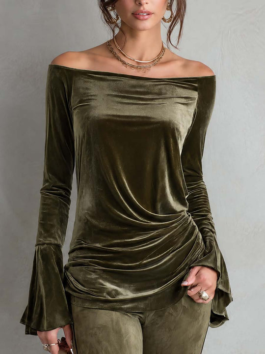 Vintage Off-Shoulder Velvet Bell Sleeve blouse