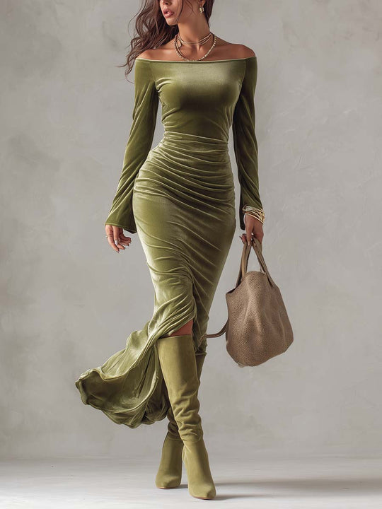 Vintage Off-Shoulder Velvet Ruched Maxi Dress with Slit