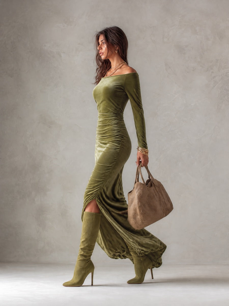 Vintage Off-Shoulder Velvet Ruched Maxi Dress with Slit