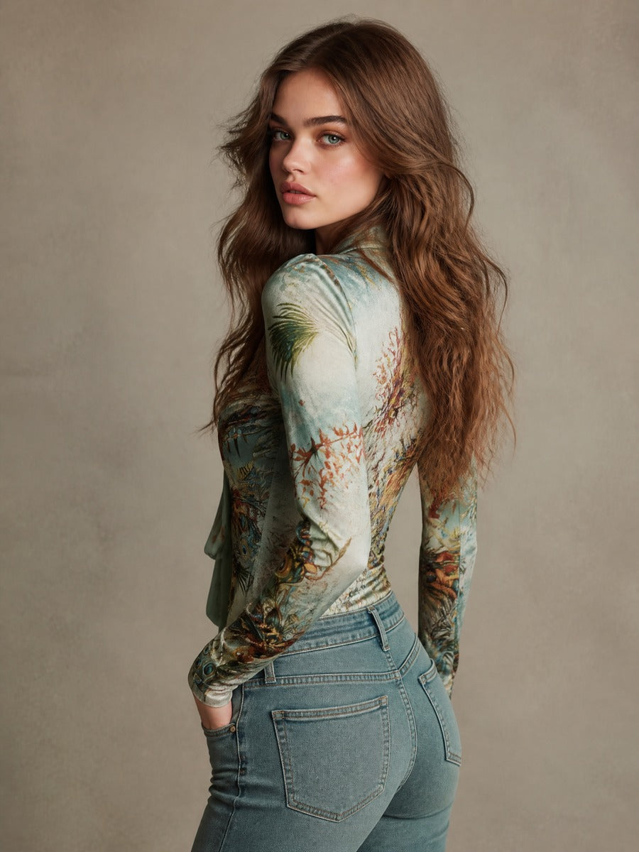 Vintage Peacock Velvet Print Tie-Neck Long Sleeve Blouse