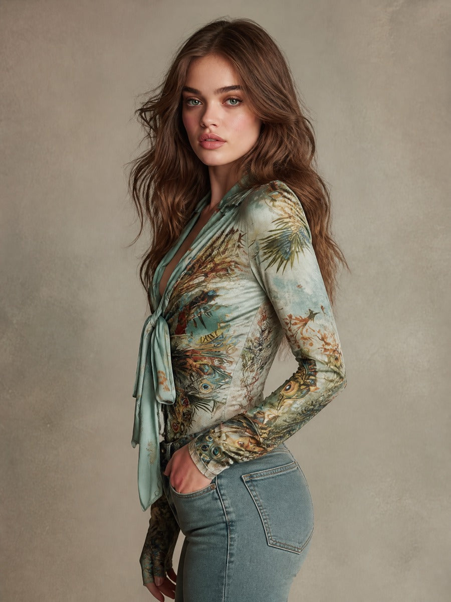 Vintage Peacock Velvet Print Tie-Neck Long Sleeve Blouse