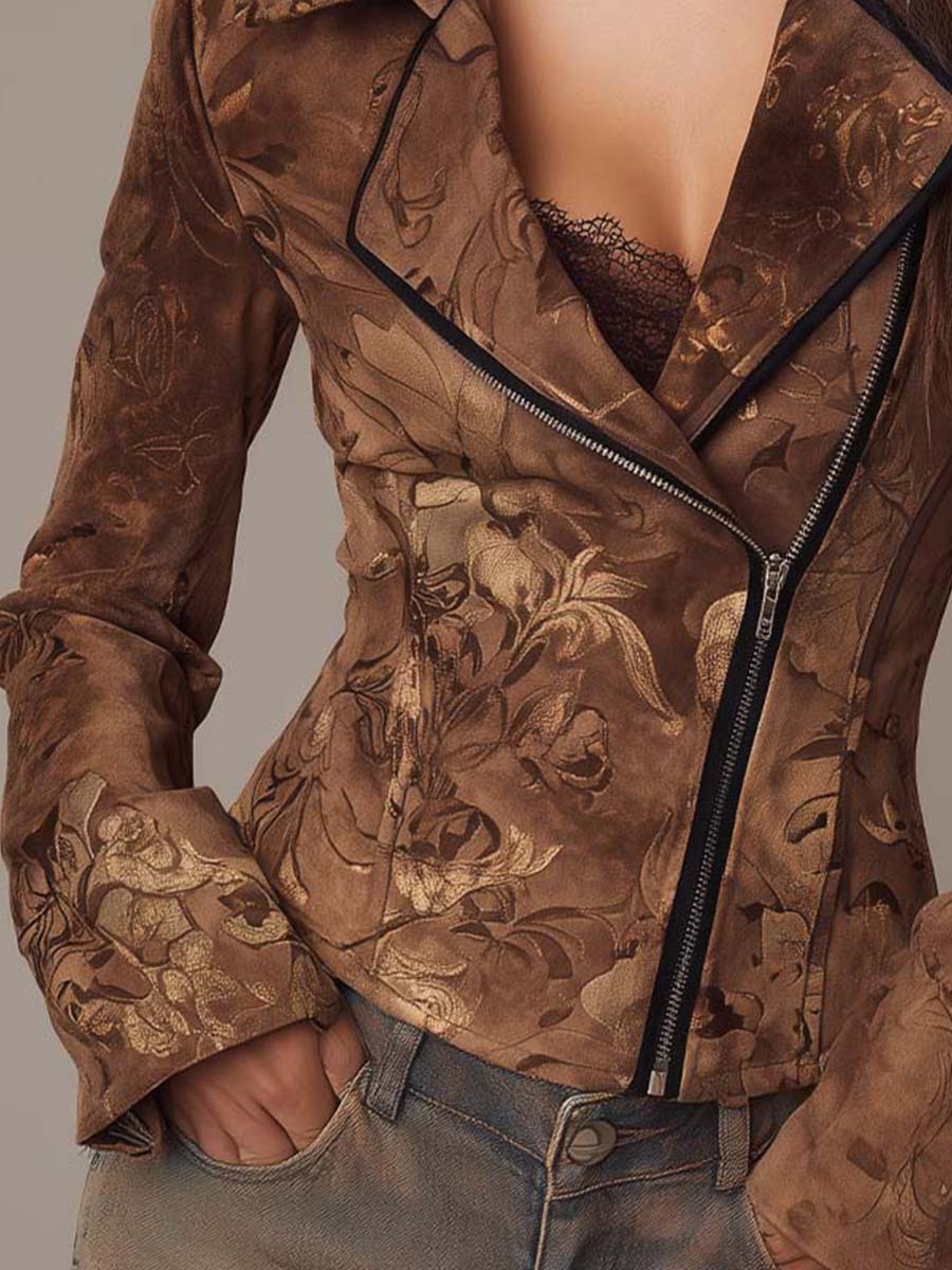 Retro Narrative Style Suede Printed Diagonal Placket Zip-up Jacket