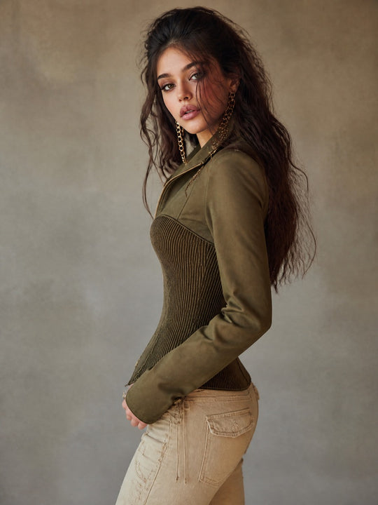 Elegant Fitted Zip-Up Corset Jacket with Ribbed Panel