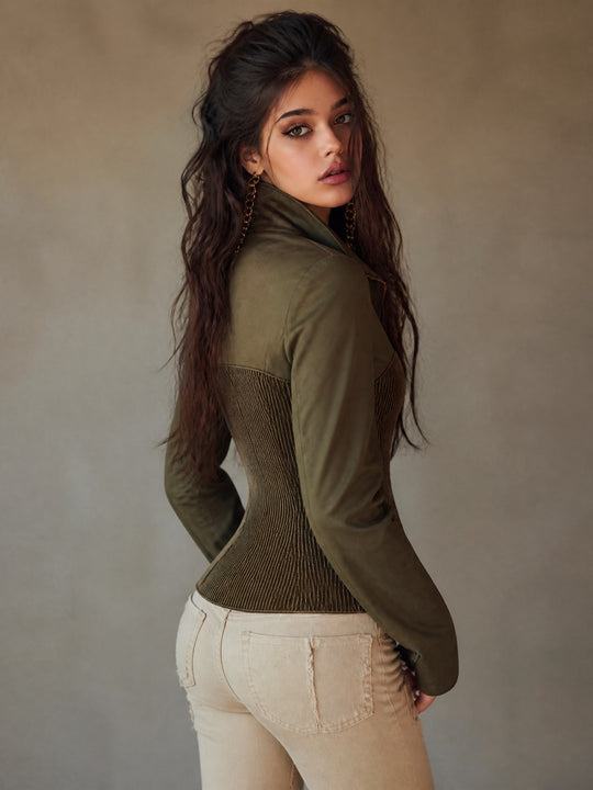Elegant Fitted Zip-Up Corset Jacket with Ribbed Panel