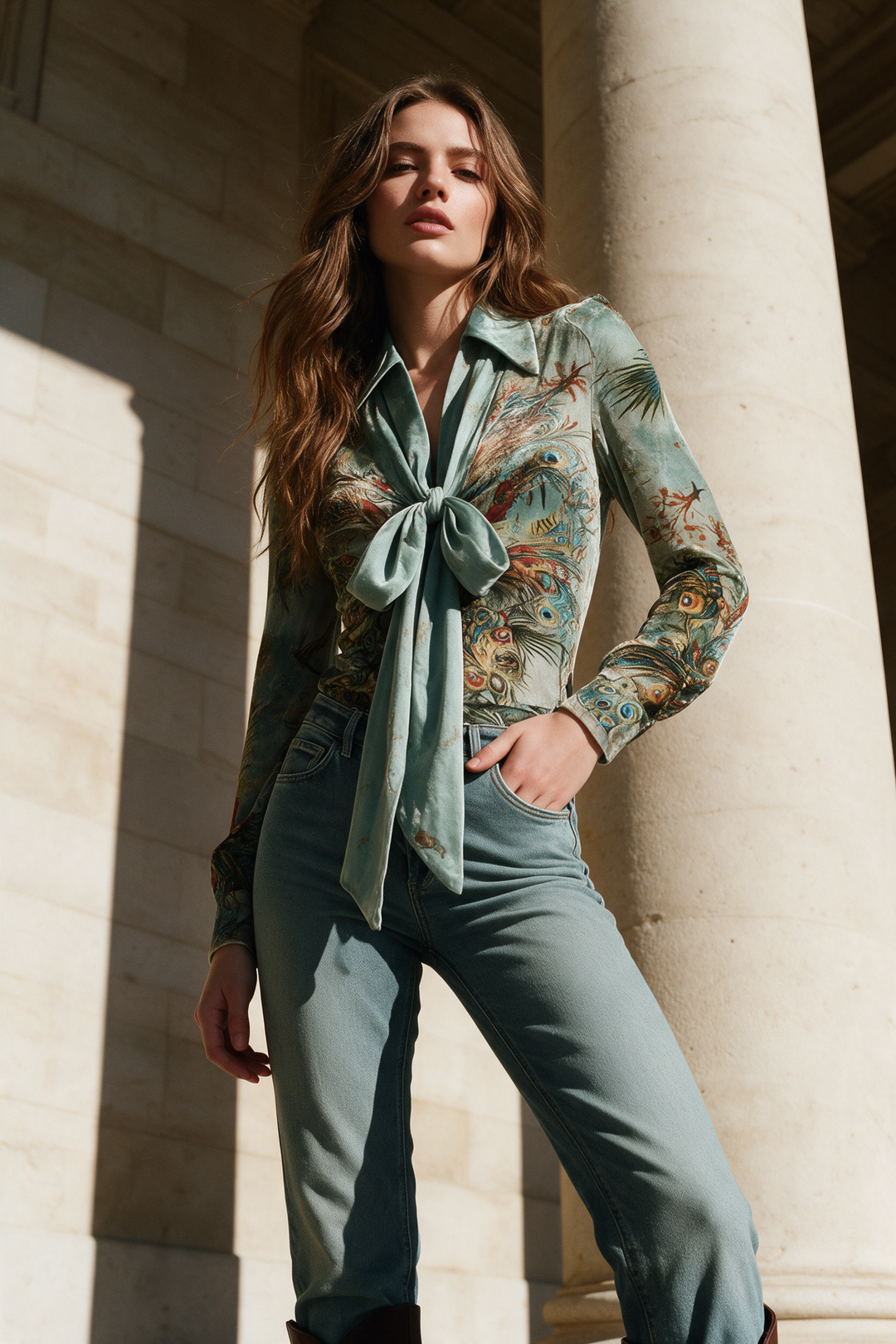 Vintage Peacock Velvet Print Tie-Neck Long Sleeve Blouse