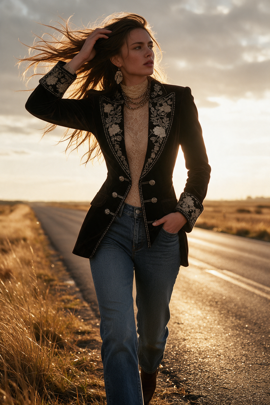Vintage Velvet Embroidered Double-Breasted Blazer with Floral Detail