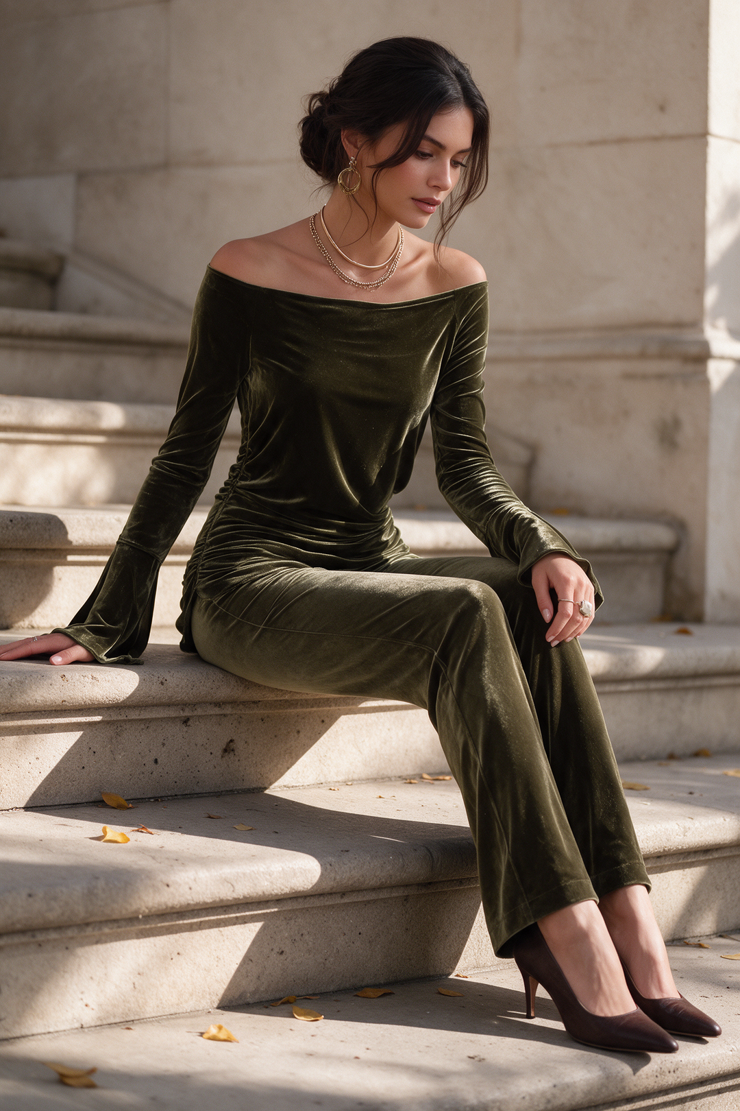 Vintage Off-Shoulder Velvet Bell Sleeve blouse