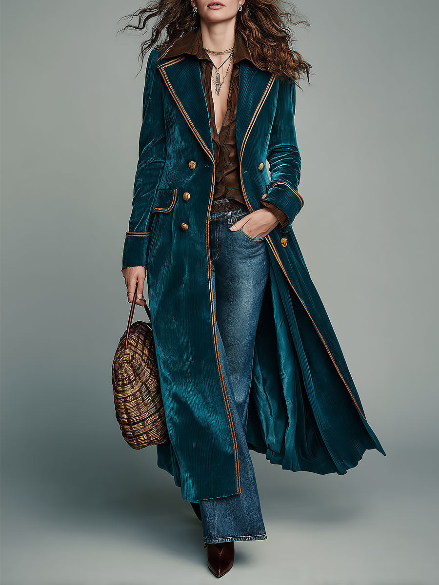 Retro Color-block Corduroy Mid-length Coat With A Lapel Collar