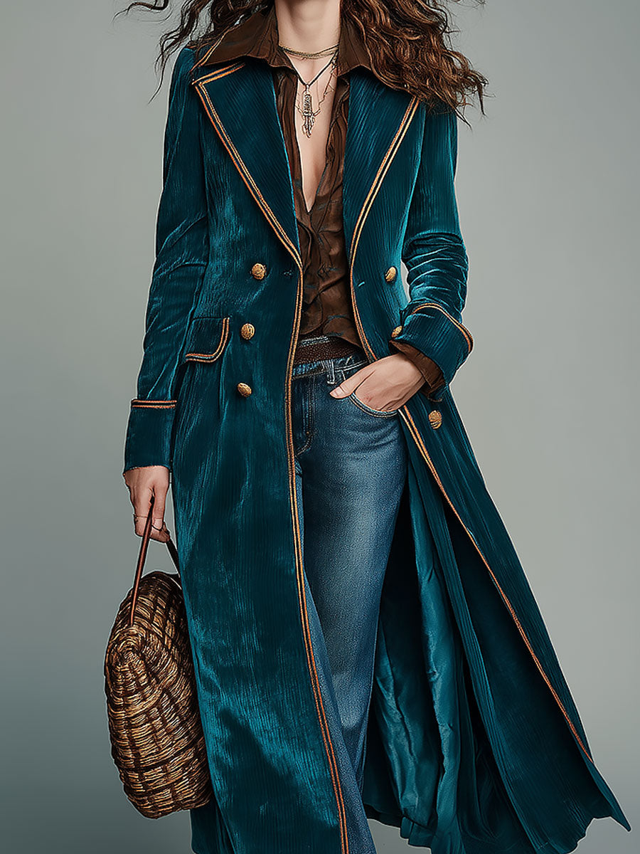 Retro Color-block Corduroy Mid-length Coat With A Lapel Collar