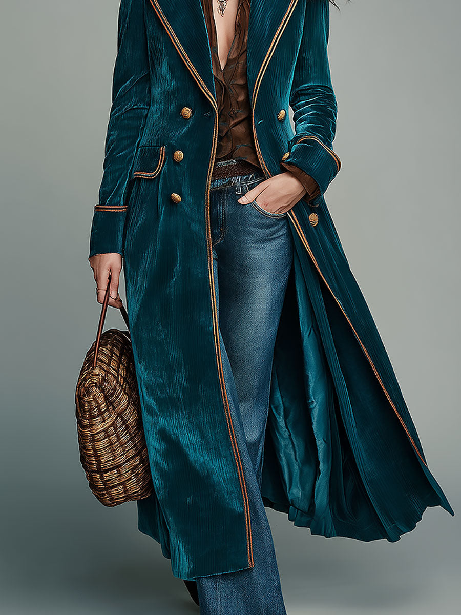 Retro Color-block Corduroy Mid-length Coat With A Lapel Collar