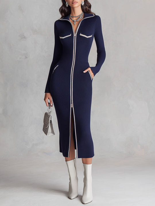 Elegant Two-way Zip Lapel Collar Ribbed-knit Midi Dress With Piped Detailing