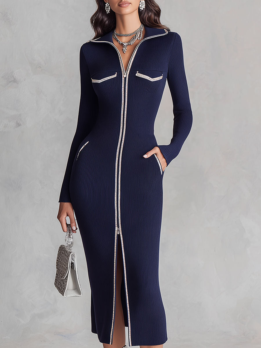 Elegant Two-way Zip Lapel Collar Ribbed-knit Midi Dress With Piped Detailing