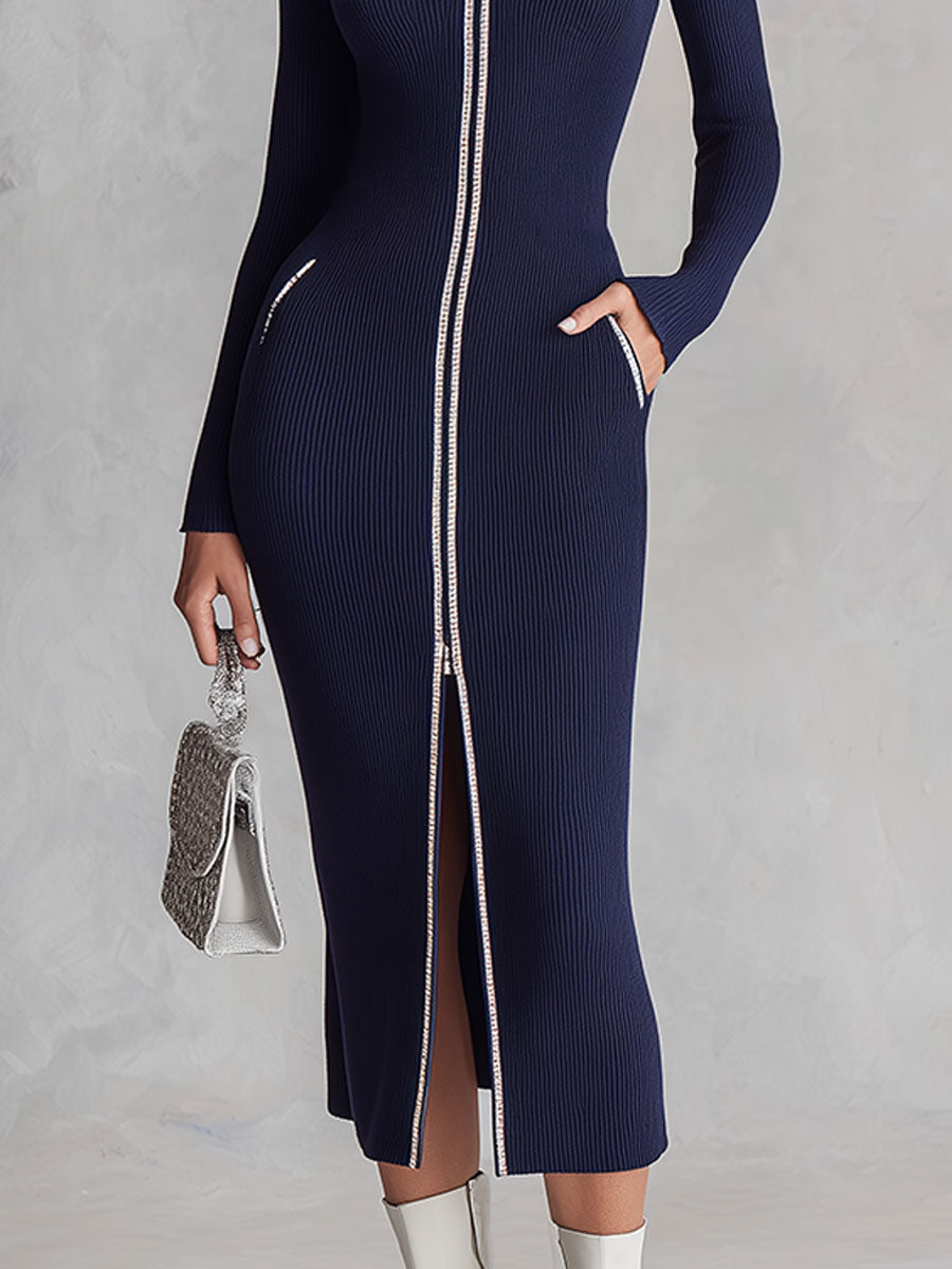 Elegant Two-way Zip Lapel Collar Ribbed-knit Midi Dress With Piped Detailing
