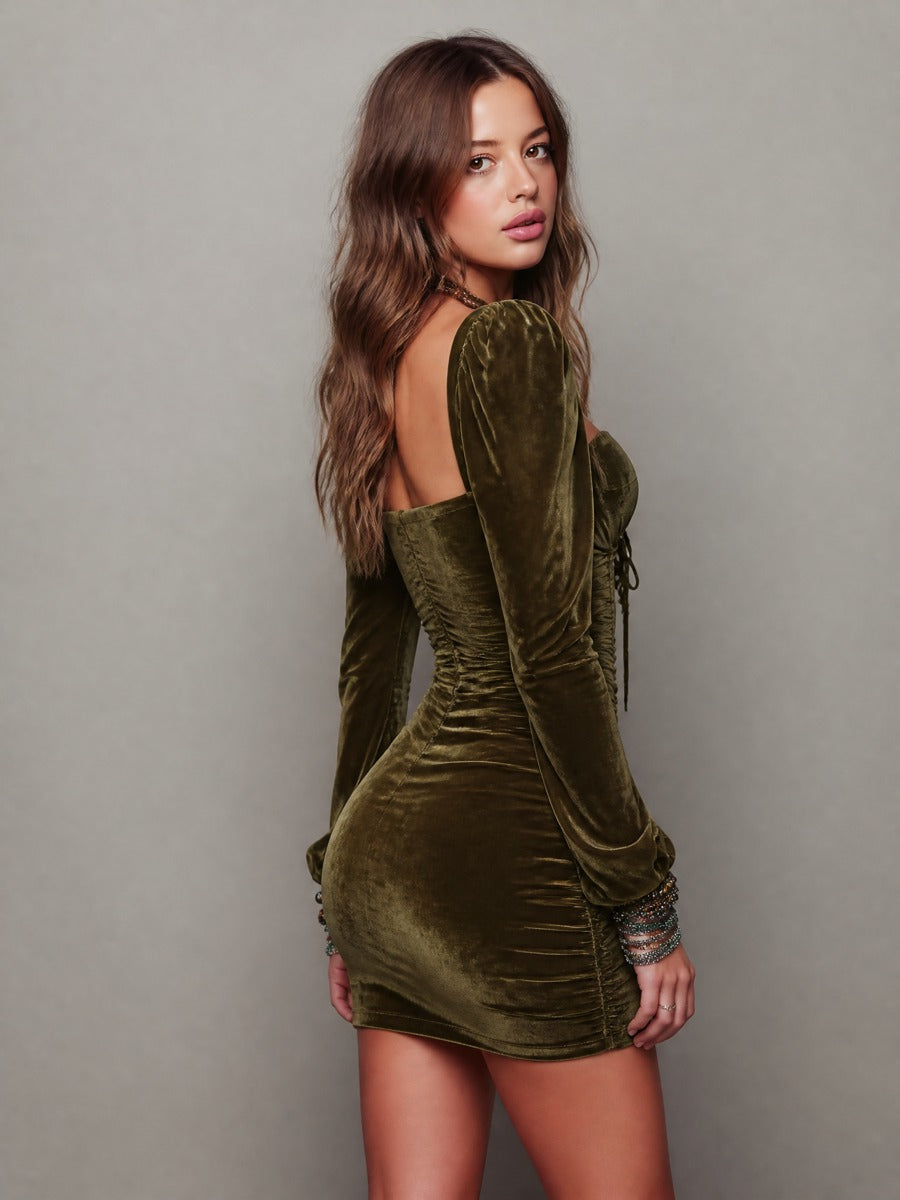 Vintage Velvet Lace-Up Puff Sleeve Ruched Bodycon Mini Dress