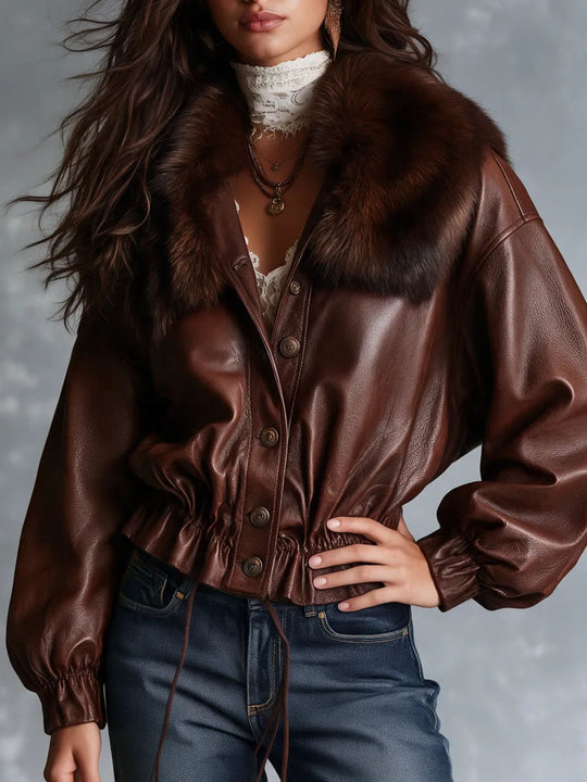 Vintage Boho Fur‑Collar PU Leather Jacket With Drawstring Hem