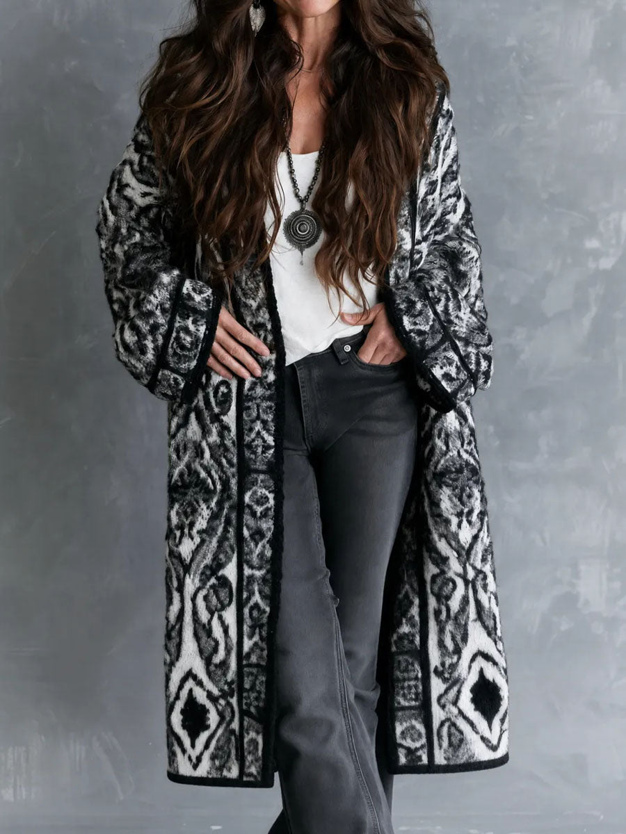 Vintage Black White Nomadic Tribal Knit Maxi Coat