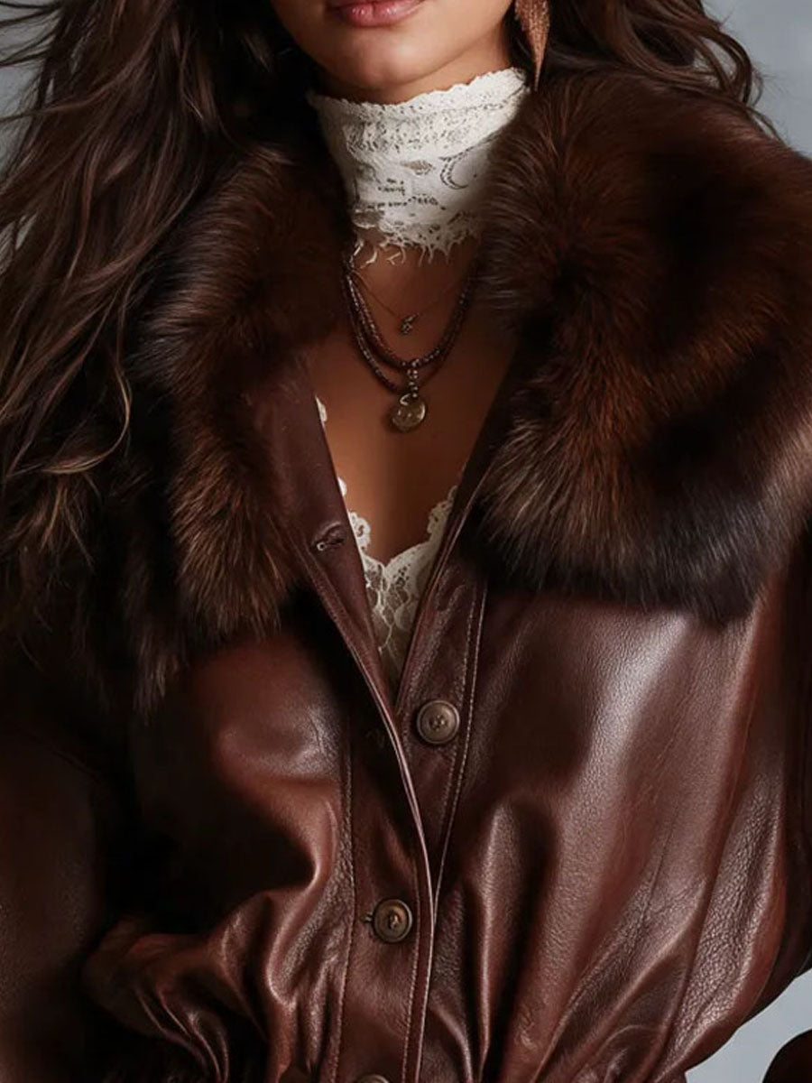 Vintage Boho Fur‑Collar PU Leather Jacket With Drawstring Hem