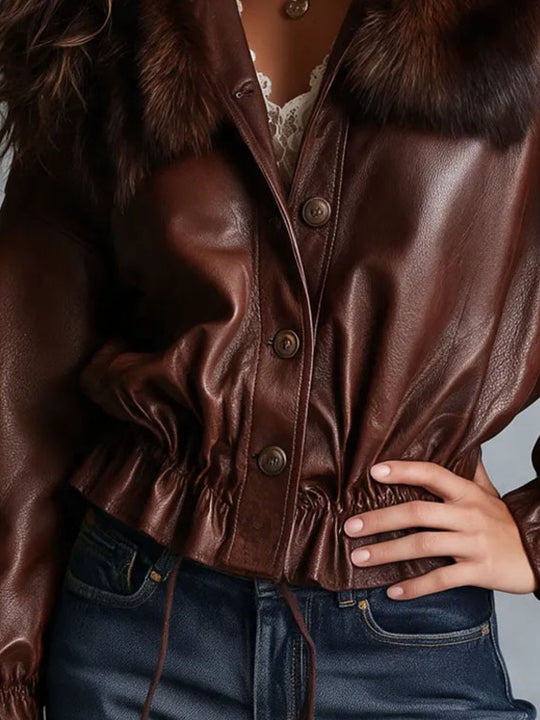 Vintage Boho Fur‑Collar PU Leather Jacket With Drawstring Hem