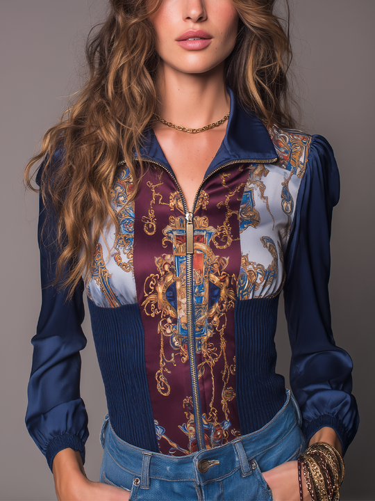 Vintage Navy Blue Baroque Print Zip-Up Blouse