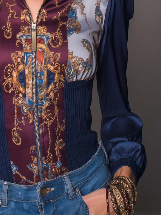 Vintage Navy Blue Baroque Print Zip-Up Blouse
