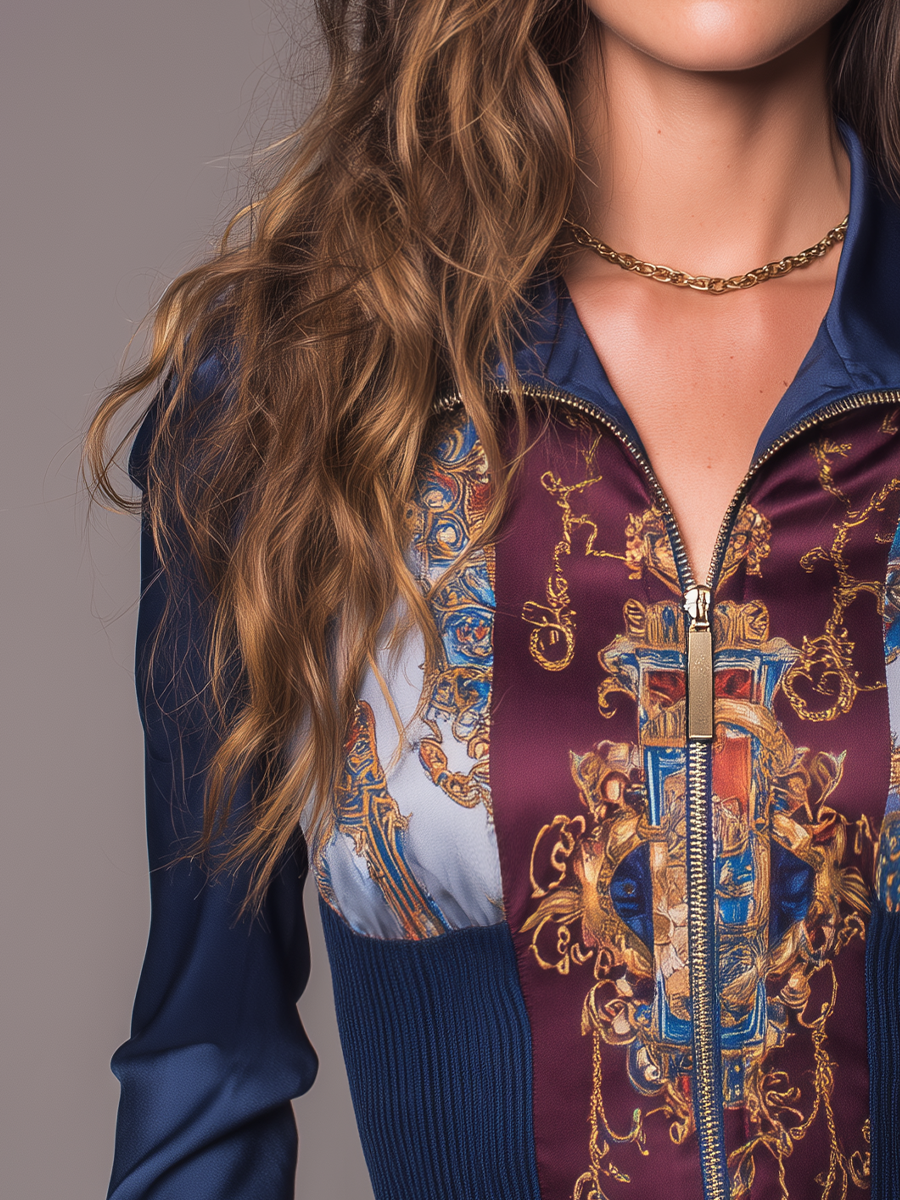 Vintage Navy Blue Baroque Print Zip-Up Blouse