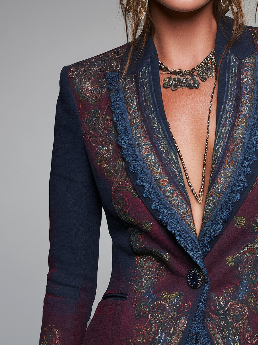 Bohemian Navy Blue Paisley Print Lace-Trim Blazer