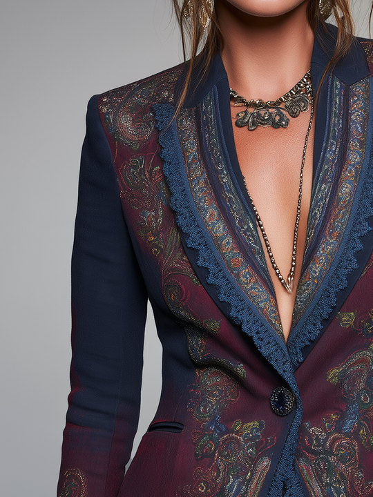 Bohemian Navy Blue Paisley Print Lace-Trim Blazer