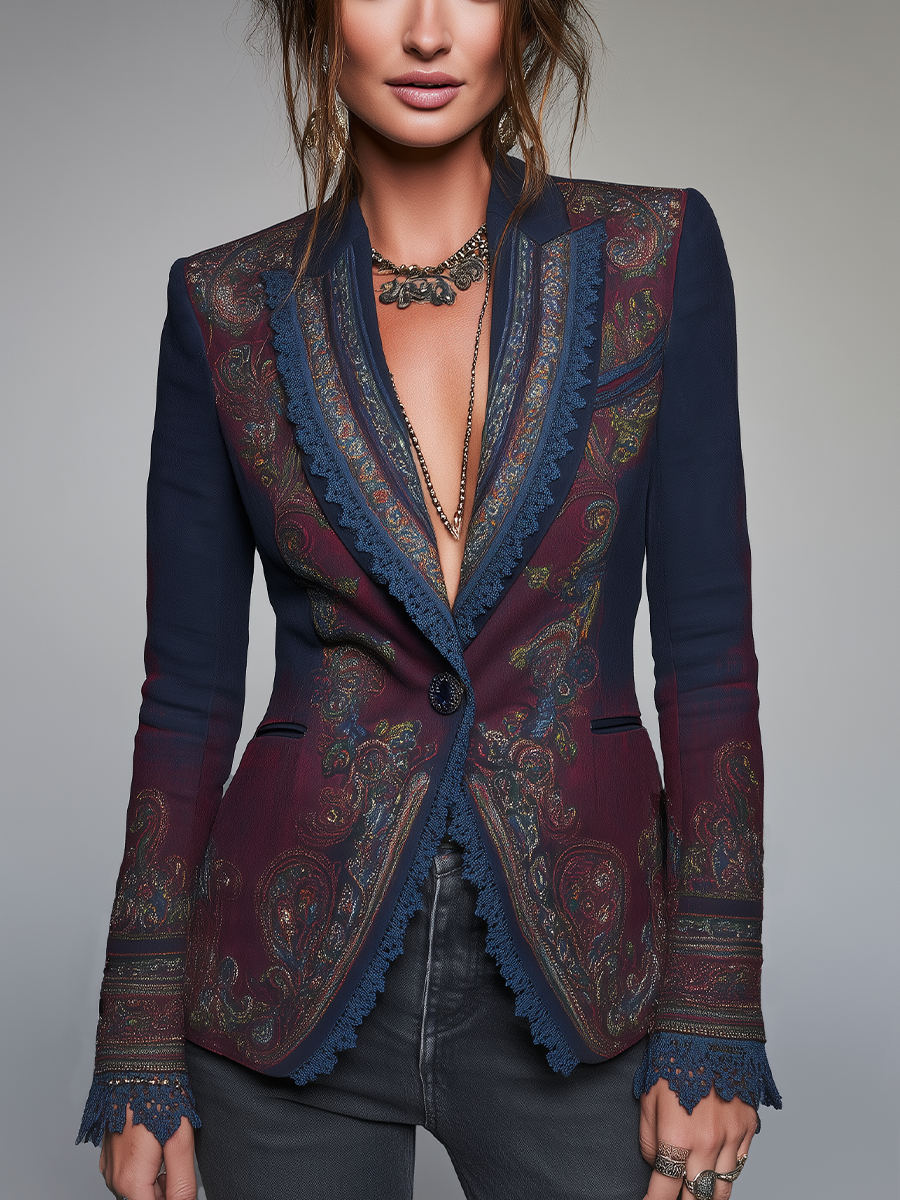Bohemian Navy Blue Paisley Print Lace-Trim Blazer