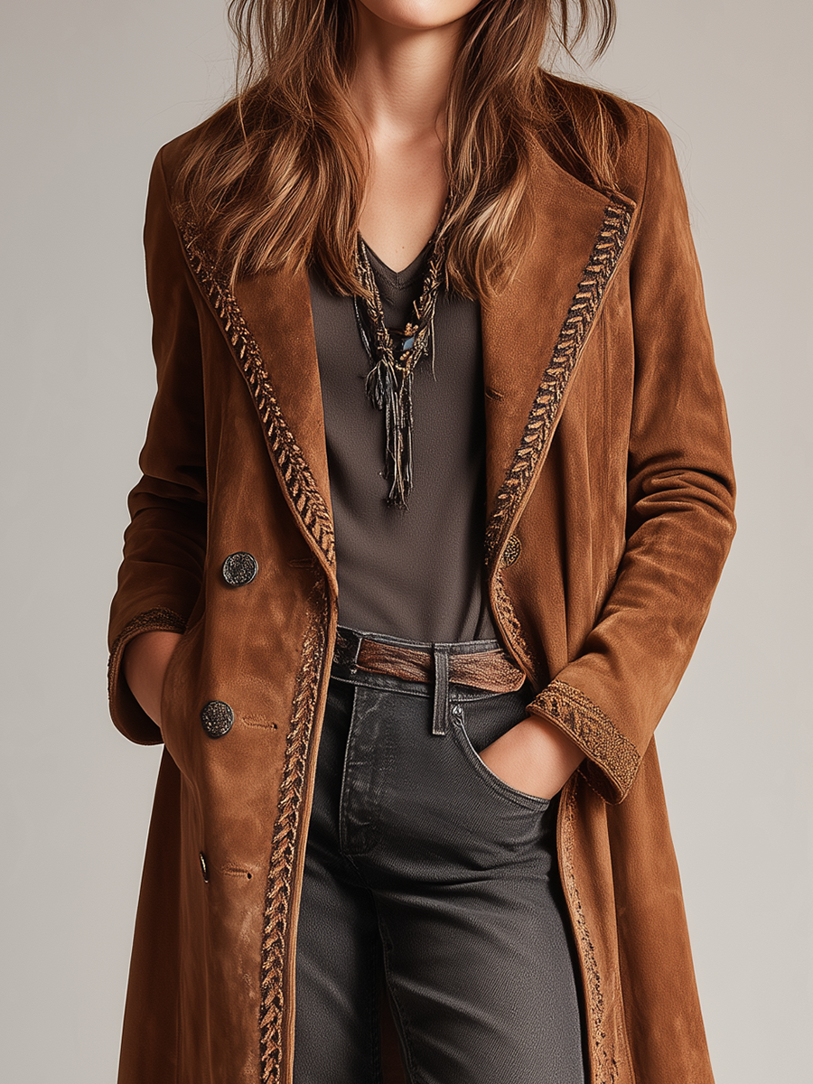 Vintage Camel Brown Embroidered-Trim Longline Coat