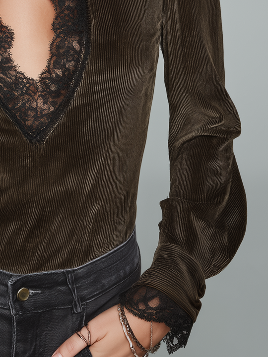 Romantic Dark Olive Green Lace-Inset High-Neck Velvet Blouse