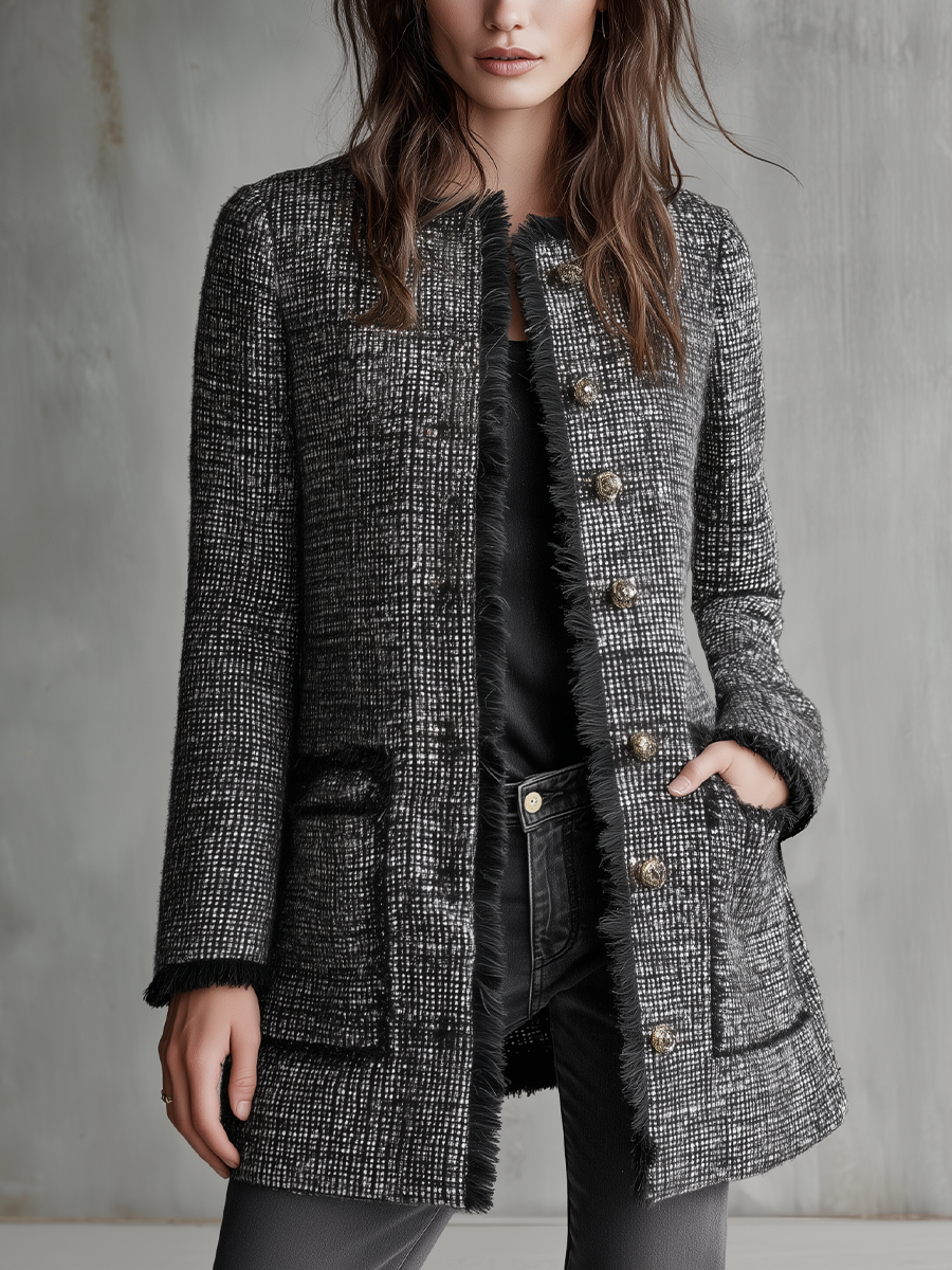 Refined Black Tweed Fringe-Trim Coat