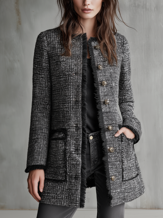 Refined Black Tweed Fringe-Trim Coat