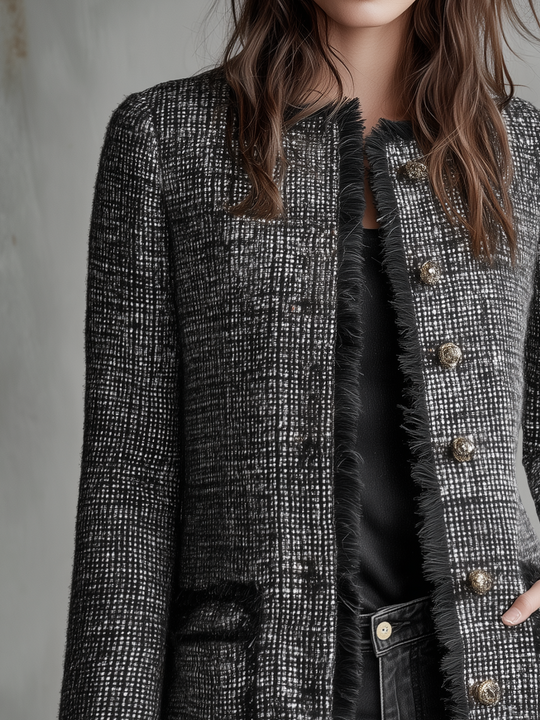 Refined Black Tweed Fringe-Trim Coat