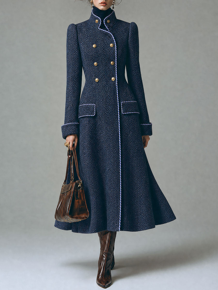 Herringbone Wool Double-Breasted Long Coat with Contrast Piping