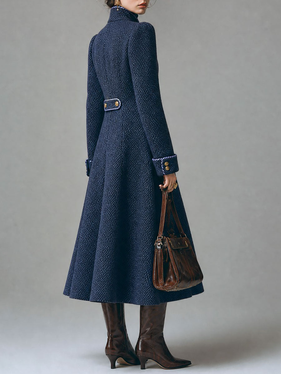 Herringbone Wool Double-Breasted Long Coat with Contrast Piping