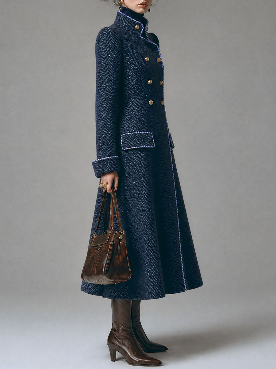 Herringbone Wool Double-Breasted Long Coat with Contrast Piping
