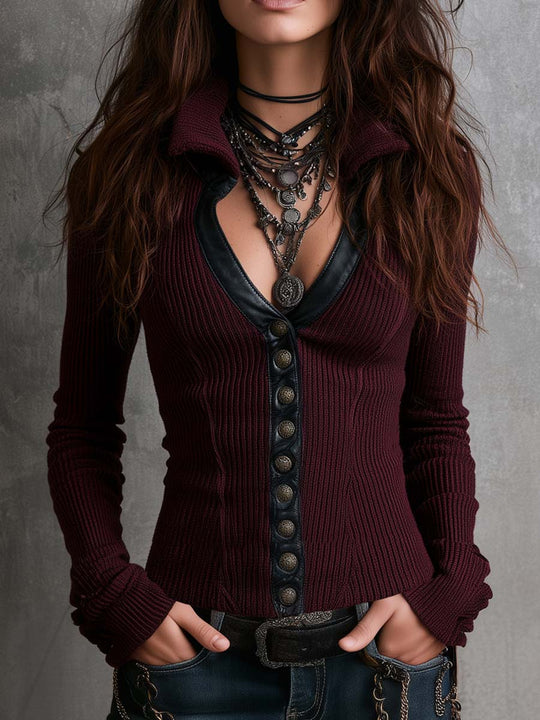 Vintage Contrast Faux Leather Trim Knit Cardigan