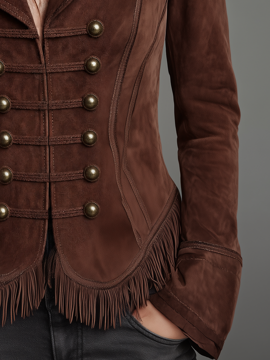 Vintage Chocolate Brown Fringe-Trim Suede Blazer