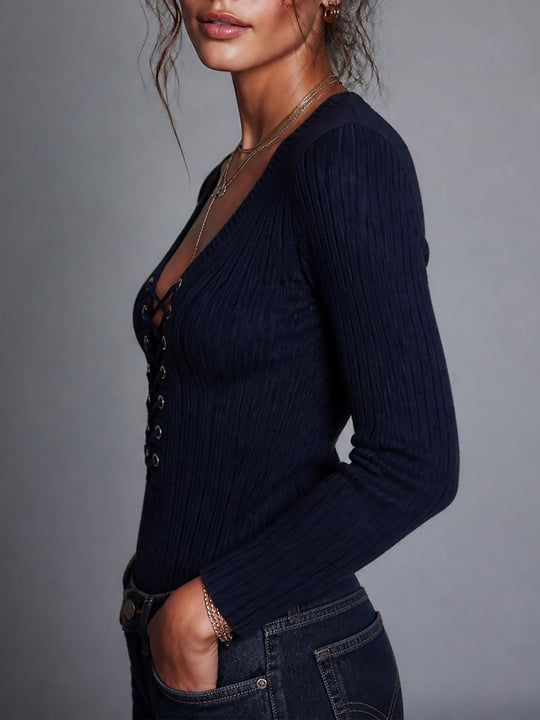 Retro Lace-Up Deep V-Neck Ribbed Knit Sweater