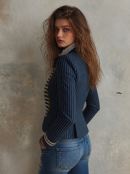 Women's Military Style Pinstripe Blazer with Braid Trim and Button Details