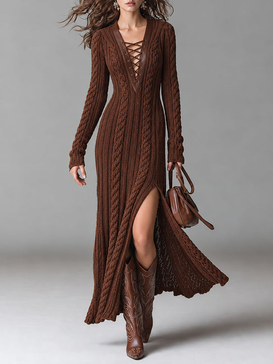 Boho PU Crisscross Halter Neck Cable-knit Maxi Dress With A Side-slit Hem