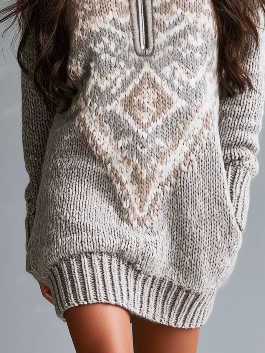 Vintage Half Zip Stand Collar Nordic Fair Isle Knit Dress With Pockets